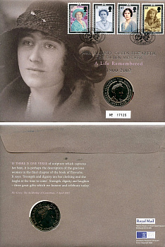 Великобритания 5 фунтов 2002 Королева-Мать, в оригинальном конверте, с марками, первый день гашения KM 1035, Spink L11 медно-никель BU 4-3-3-34