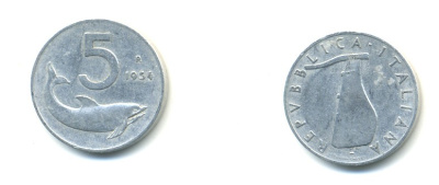 ИТАЛИЯ 5 ЛИР 1954 R, РУЛЬ, ДЕЛЬФИН KM 92 алюминий 4364-754