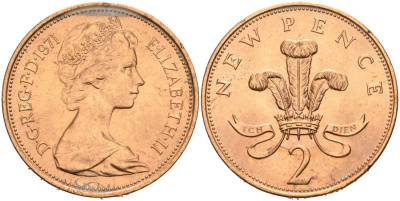Великобритания 2 пенса 1971 Елизавета II (1952-2022), в лаке KM 916, Spink 4235 (C1) бронза 92-634