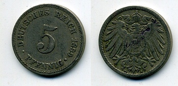 ГЕРМАНИЯ 5 ПФЕННИГОВ 1899 A, KM 11, J. 12 медно-никель 58-326