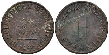 ФРГ 1 ПФЕННИГ 1950 G KM 105, J.380 сталь плакированная медью 75-415
