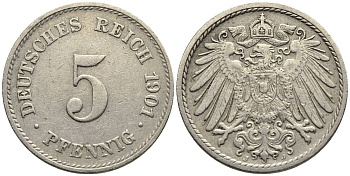 ГЕРМАНИЯ 5 ПФЕННИГОВ 1901 J KM 11, Jager 12, Weege 6 медно-никель 4547-421
