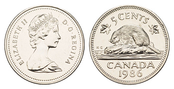 Канада 5 центов 1986 Елизавета II (1952-2022), бобр KM 60.2a медно-никель PROOF-LIKE (BU) 4639-517