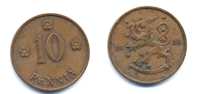 Финляндия 10 пенни 1938 KM 24 медь 51-5647