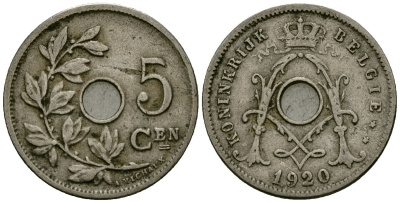 Бельгия 5 сантимов 1920 Belgie KM 67 медно-никель 4173-224