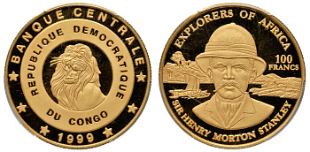 ДР Конго 100 франков 1999 Сэр Генри Мортон Стэнли, в слабе PCGS PR 69 DCAM, Probe, пробник KM  позолота  PROOF  15-007-19