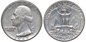 США 25 центов (квотер) 1965 Вашингтон KM 164a медь плакированная медно-никелем 53-853