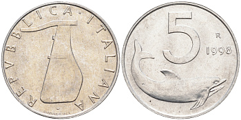 Италия 5 лир 1998 R, дельфин KM 92 алюминий  UNC  4594-727