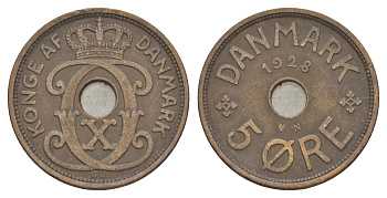 Дания 5 эре 1928 N, Кристиан X (1912-1947) KM 828 бронза 4638-557
