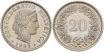 Швейцария 20 раппенов 1993 B KM 29a медно-никель 4187-615