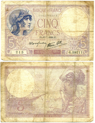 ФРАНЦИЯ 5 ФРАНКОВ 1939 27 ИЮЛЯ 1939, ФИОЛЕТОВЫЙ Pick 83 бумага 7217-19-2