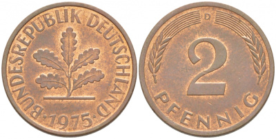 ФРГ 2 ПФЕННИГА 1975 D KM 106a, J.381a сталь плакированная сталь плакированная медьюю 4532-512