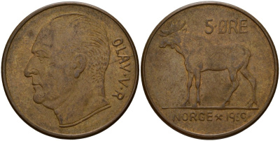 Норвегия 5 эре 1959 Улаф V (1958 - 1991) KM 405 бронза 4156-251