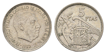 Испания 5 песет 1957 (75) Франсиско Франко (1939-1975) KM 786 медно-никель 4707-333