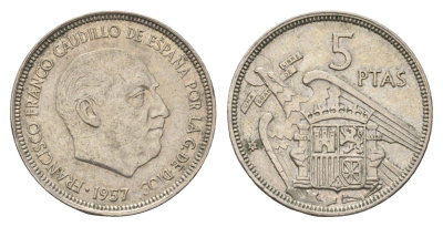 Испания 5 песет 1957 (75) Франсиско Франко (1939-1975) KM 786 медно-никель 4707-333