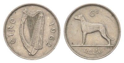 Ирландия 6 пенсов 1962 собака, ирландский волкодав KM 13a медно-никель 4696-527