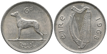 ИРЛАНДИЯ 6 ПЕНСОВ 1968 СОБАКА KM 13а медно-никель 34-923