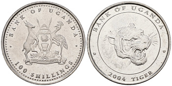 Уганда 100 шиллингов 2004 серия лунный календарь, год тигра KM 140 сталь UNC M58-01