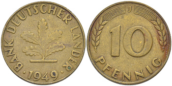 ФРГ 10 ПФЕННИГОВ 1949 J KM 103, J. 378 сталь плакированная латунью 4182-731