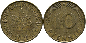 ФРГ 10 ПФЕННИГОВ 1971 G KM 108, J. 383 сталь плакированная латунью 33-125