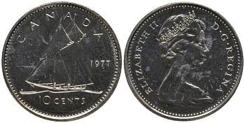 Канада 10 центов 1977 Елизавета II (1952-2022), парусник KM 77.1 никель UNC 218-811