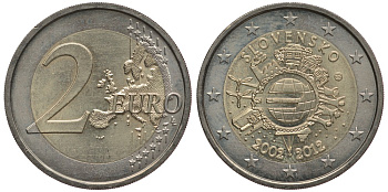 СЛОВАКИЯ 2 ЕВРО 2012 10 ЛЕТ НАЛИЧНОМУ ЕВРО KM 120 биметалл 4384-631
