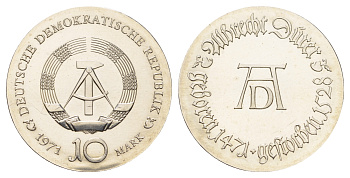 ГДР 10 марок 1971 А, 500 лет со дня рождения Альбрехта Дюрера KM 31, J. 1532 серебро  UNC  1099-1-31