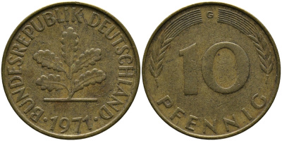 ФРГ 10 ПФЕННИГОВ 1971 G KM 108, J. 383 сталь плакированная латунью 33-125