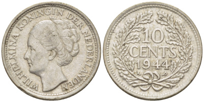 Нидерланды 10 центов 1944 Вильгельмина (1890-1948) KM 163 серебро aUNC 66-1261