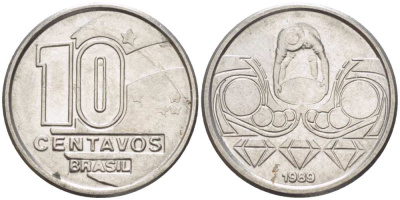 Бразилия 10 сентаво 1989 золотодобыча KM 613 нержавеющая сталь 112-431