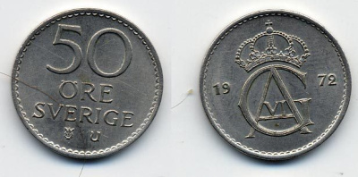 Швеция 50 эре 1972 Густав VI Адольф (1950-1973) KM 837 медно-никель 23-926