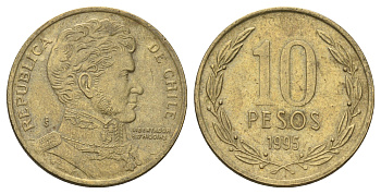 Чили 10 песо 1995 KM 228 никель латунь aUNC 4689-255