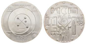 Уругвай 200 песо 1999 миллениум KM 115 серебро  UNC  1091-10-52