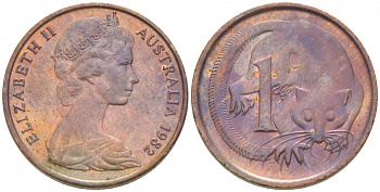 АВСТРАЛИЯ 1 ЦЕНТ 1982 ЕЛИЗАВЕТА II, МОЛОДОЙ ПОРТРЕТ, ОПОССУМ KM 62 бронза 3955-462