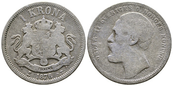 Швеция 1 крона 1876/5 ST, Оскар II (1872-1907) король Швеции и Норвегии KM 741 серебро 4178-424