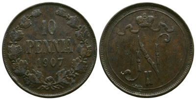 РОССИЯ ДЛЯ ФИНЛЯНДИИ 10 ПЕННИ 1907 Биткин 430 медь 4381-124