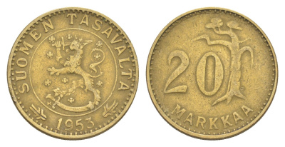 Финляндия 20 марок 1953 KM 39 алюминиевая бронза 4648-642