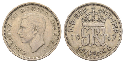 Великобритания 6 пенсов 1947 Георг VI (1936-1952) KM 862, Spink 4105 медно-никель 4708-726