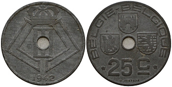 Бельгия 25 сантимов 1942 Belgie - Belgique KM 132 цинк 33-1217