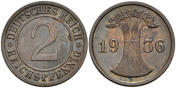 Германия 2 рейхспфеннига 1936 F KM 38, J.314, Weege 4 медь 4584-714