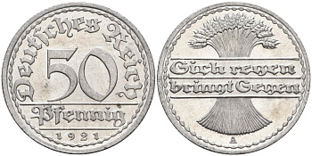 Германия 50 пфеннигов 1921 A KM 27, J.301, Weege 10 алюминий UNC 4584-817