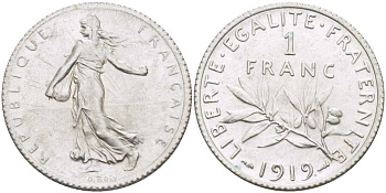 ФРАНЦИЯ 1 ФРАНК 1919 ТИП СЕЯТЕЛЬ KM 844.1, LE FRANC 217.25 серебро 202-126