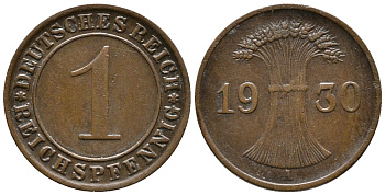 ГЕРМАНИЯ 1 РЕЙХСПФЕННИГ 1930 A KM 37, J. 313 бронза 39-1036