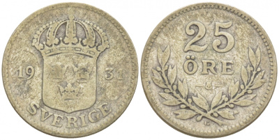 Швеция 25 эре 1931 G, Густав V (1907-1950) KM 785 серебро 3309-914