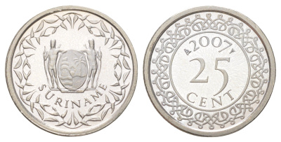 Суринам 25 центов 2007 тираж 1000 экземпляров KM 14a медно-никель BU 4625-349