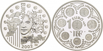 Франция 1 1/2 евро 2002 введение евро KM 1301 серебро PROOF 05-086-24