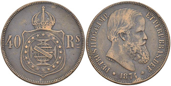 БРАЗИЛИЯ 40 РЕЙС 1874 ПЕДРО II (1831-1889) KM 479 бронза 4517-1145