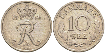 ДАНИЯ 10 ЭРЕ 1961 C; S, ФРЕДЕРИК IX (1947-1972) KM 849.1 медно-никель 187-638