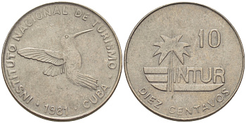 Куба 10 сентаво 1981 туристические деньги, INTUR, visitor's coinage, большая 10 KM 415.1 медно-никель 67-531