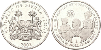 Сьерра-Леоне 1 доллар 2002 50 лет правлению Королевы Елизаветы II - Елизавета II, принц Чарльз и принцесса Анна KM 269 медно-никель BU 4368-1122